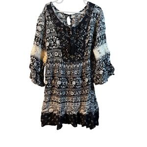 Beautees Girls Size 10 Boho Studded Paisley Tunic Top Black White Lace Tassel